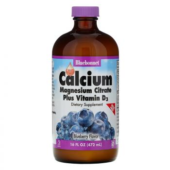 Bluebonnet Nutrition Liquid Calcium Magnesium Citrate Plus Vitamin D3 (Цитрат кальция и магния с витамином D3) в жидкой форме вкус натуральной черники 472 мл