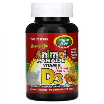 NaturesPlus Source of Life Animal Parade Vitamin D3 (витамин D3) без сахара с натуральным вкусом черешни 12,5 мкг (500 МЕ) 90 таблеток в форме животных