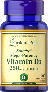 Puritan's Pride Vitamin D3 (Витамин D3) 250 мкг 10000 МЕ 100 гелевых капсул