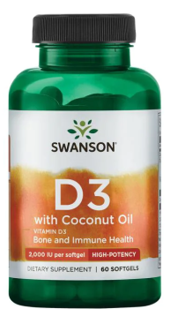 Swanson Vitamin D3 with Coconut Oil (Витамин D3 с кокосовым маслом) 2000 МЕ 60 капсул