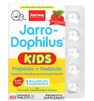 Jarrow Formulas Jarro-Dophilus Kids пробиотик + пребиотик без сахара, натуральный малиновый вкус 1 миллиард живых бактерий 60 жевательных таблеток