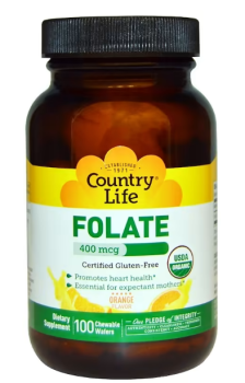 Country Life Folate (Фолиевая кислота апельсиновый вкус) 400 мкг 100 жевательных вафель