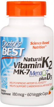 Doctor's Best Natural Vitamin K2 MK-7 MenaQ7 Plus D3 (Натуральный витамин K2 MK-7 с MenaQ7 и витамином D3) 180 мкг 60 капсул