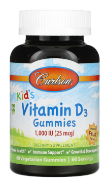 Carlson Kid's Vitamin D3 Gummies (Детские жевательные конфеты с витамином D3) натуральные фрукты 25 мкг 1000 МЕ 60 вегетарианских жевательных таблеток