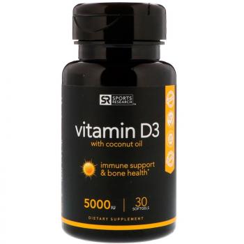 Sports Research Vitamin D3 с кокосовым маслом 125 мкг (5000 МЕ) 30 капсул