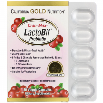 California Gold Nutrition Lactobif Cran-Max пробиотики 25 млрд КОЕ 30 растительных капсул