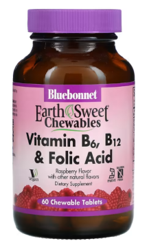 Bluebonnet Nutrition, Earth Sweet Chewables, Vitamin B6, B12 & Folic Acid (витамины B-6 B-12 и фолиевая кислота) малина 60 жевательных таблеток