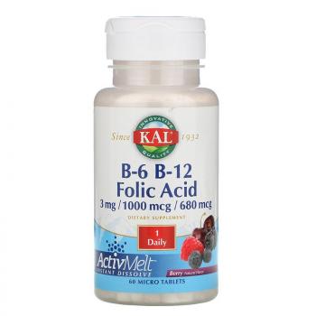 KAL B6 B12 Folic Acid (B-6 B-12 Фолиевая кислота) со вкусом ягод 60 таблеток