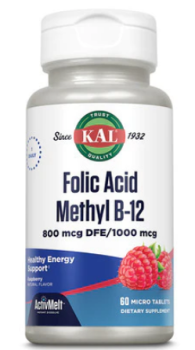 KAL Folic Acid Methyl B-12 ActivMelt 800 mcg (Фолиевая кислота и B-12 ActivMelt) малина 60 таблеток