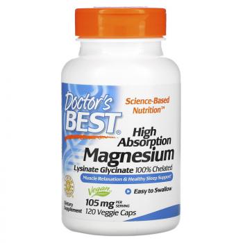 Doctor's Best High Absorption Magnesium (Магний) 100% Chelated with Lysinate Glycinate  105 мг 120 капсул