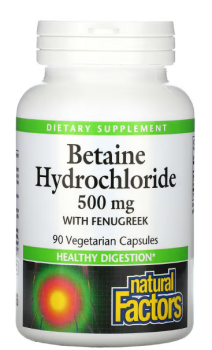 Natural Factors Betaine Hydrochloride with Fenugreek (бетаина гидрохлорид с пажитником) 500 мг 90 вег капсул