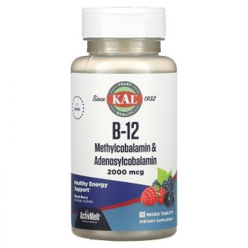 KAL B-12 Methylcobalamin & Adenosylcobalamin витамин B-12 (в виде метилкобаламина и аденосилкобаламина) с ягодным вкусом 2000 мкг 60 мини-таблеток