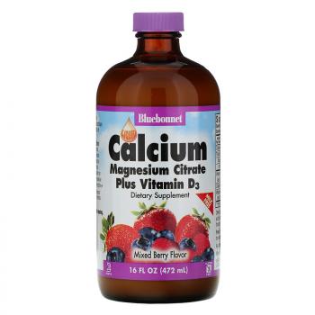 Bluebonnet Nutrition Liquid Calcium Magnesium Citrate Plus Vitamin D3 (Цитрат кальция и магния с витамином D3) в жидкой форме вкус натурального ягодного ассорти 472 мл
