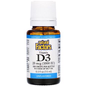 Natural Factors Vitamin D3 Drops (Витамин D3 в каплях) без ароматизаторов 25 мкг (1000 МЕ) 15 мл