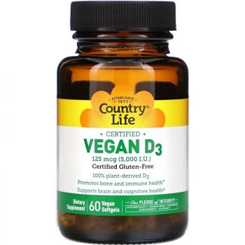 Country Life Vegan D3 (вегетарианский витамин D3) 125 мкг (5,000 МЕ) 60 капсул
