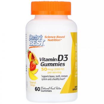 Doctor's Best Vitamin D3 Gummies (Витамин D3) 50 мкг (2000 МЕ) 60 жевательный таблеток со вкусом тропических фруктов