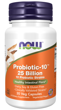 NOW Probiotic-10™ 25 Billion (Пробиотик-10 штаммов 25 миллиардов КОЕ) 30 вег капсул, 06/24