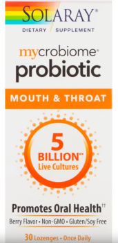 Solaray Mycrobiome Probiotic Mouth & Throat Once Daily(Пробиотик Mycrobiome для полости рта и горла раз в день) со вкусом ягод 5 млрд КОЕ 30 леденцов