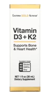 California Gold Nutrition Vitamin D3+K2 (витамины D3 и K2) 25 мкг 1000 МЕ 30 мл