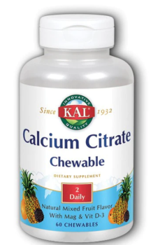 KAL Calcium Citrate (Цитрат Кальция с магнием и витамином D-3) смесь фруктов 500 мг 60 жевательных таблеток