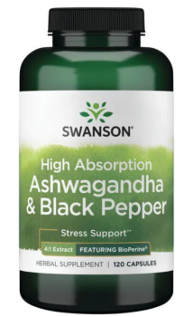Swanson High Absorption Ashwagandha & Black Pepper Featuring Bioperine (Ашваганда с высоким поглощением и черный перец с биоперином) 120 капсул, срок годности 11/2023