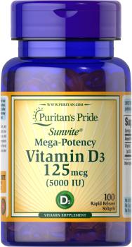 Puritan's Pride Vitamin D3 (Витамин D3) 125 мкг 5000 МЕ 100 гелевых капсул