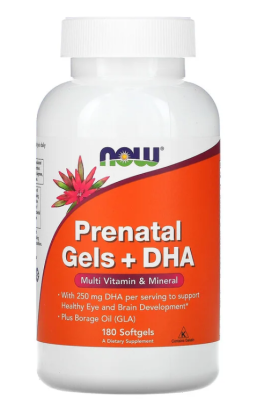 NOW Prenatal Gels + DHA (пренатальные витамины + ДГК) 180 капсул