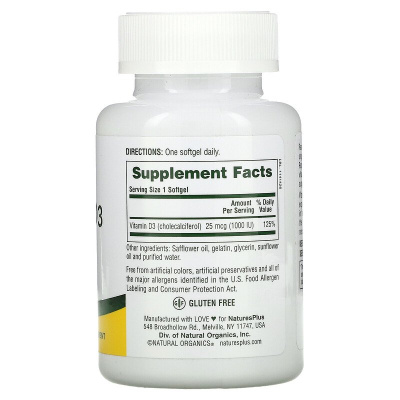 NaturesPlus Vitamin D3 (Витамин D3) 25 мкг (1000 МЕ) 180 капсул