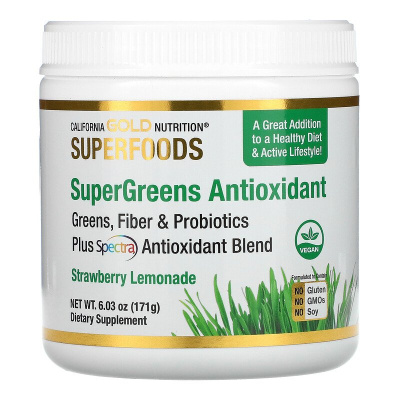 California Gold Nutrition SUPERFOODS Supergreens Antioxidant, Greens, Fiber & Probiotics (комплекс антиоксидантов из суперзелени, зелень клетчатка и пробиотики) со вкусом клубничного лимонада 171 гр