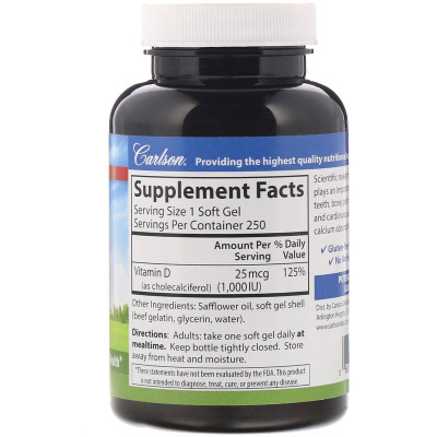 Carlson Labs Vitamin D3 (Витамин D3) 1000 МЕ (25 мкг) 250 капсул