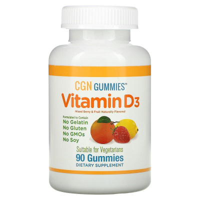 California Gold Nutrition Vitamin D3 Gummies (витамин D3 без желатина и глютена) со вкусом фруктов и ягод 25 мкг (1000 МЕ) 90 жевательных таблеток
