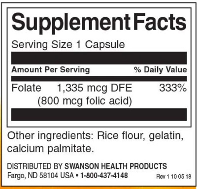 Swanson Folic Acid (Фолиевая кислота) 800 мкг 250 капсул, срок годности 12/2023