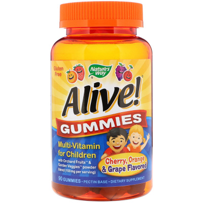 Nature's Way Alive! Gummies Multi-Vitamin for Children (жевательные конфеты, мультивитамин для детей со вкусом вишни, апельсина и винограда) 90 жевательных пастилок