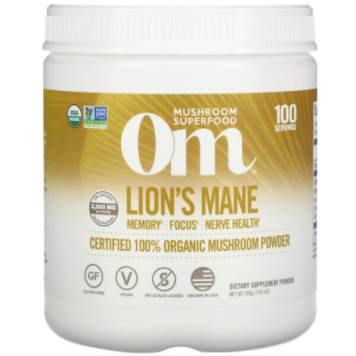 Om Mushrooms Lion's Mane Certified 100% Organic Mushroom Powder (Ежовик гребенчатый сертифицированный 100% органический грибной порошок) 200 г