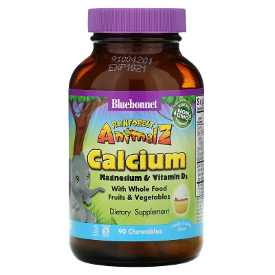 Bluebonnet Nutrition Rainforest Animalz Calcium Magnesium & Vitamin D3 (кальций, магний и витамин) натуральная ваниль 90 жевательных таблеток