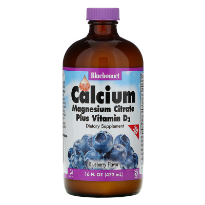 Bluebonnet Nutrition Liquid Calcium Magnesium Citrate Plus Vitamin D3 (Цитрат кальция и магния с витамином D3) в жидкой форме вкус натуральной черники 472 мл