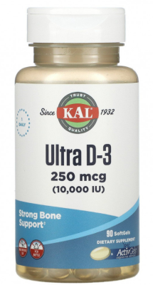 KAL Ultra D-3 10000 IU ActivMelt (ультравитамин D3) 250 мкг (10 000 МЕ) 90 гелевых капсул
