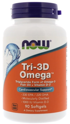 NOW Рыбий жир Омега Tri-3D + витамин D-3 90 капсул