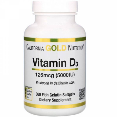 California Gold Nutrition Vitamin D-3 125 мкг (5000 IU) 360 капсул