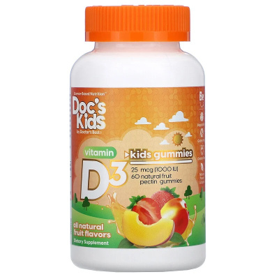 Doctor's Best Doc's Kids Vitamin D3 Gummies (Жевательный витамин D3 для детей) 25 мкг 1,000 МЕ натуральный фруктовый вкус 60 жевательных таблеток