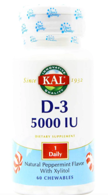 KAL D-3 (Витамин D-3) Ультра мята перечная 5000 МЕ 60 жевательных таблеток, срок годности  03/2024