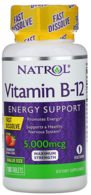 Natrol Vitamin B-12 Fast Dissolve Maximum Strength (Витамин B-12 быстрорастворимый максимальная эффективность) клубника 5000 мкг 100 таблеток, срок годности 30.09.2023