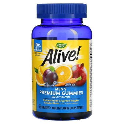Nature's Way, Alive! Men's Premium Gummies, Multivitamin (полный комплекс мультивитаминов премиального качества для мужчин) со вкусом апельсина, винограда и вишни 75 жевательных конфет