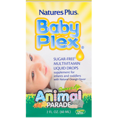 Nature's Plus Source of Life Animal Parade Baby Plex жидкие мультивитаминные капли без сахара с натуральным вкусом апельсина 60 мл