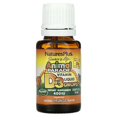 Nature`s Plus Source of Life Animal Parade Vitamin D3 Liquid Drops (витамин D3 в жидких каплях) c натуральным апельсиновым вкусом 400МЕ 10 мл