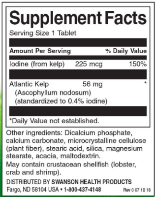 Swanson Kelp Iodine Source (Водоросли Источник йода) 225 мкг 250 таблеток