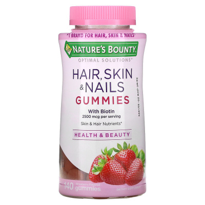 Nature's Bounty Optimal Solutions Hair, Skin & Nails (комплекс для волос кожи и ногтей) с ароматом клубники 2500 мкг 140 жевательных конфет