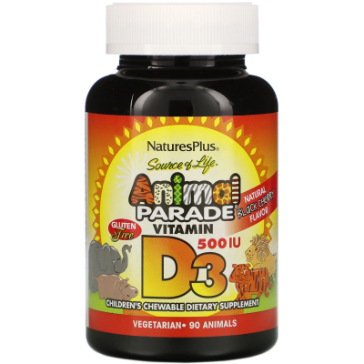 Nature's Plus Source of Life Animal Parade Vitamin D3 (витамин D3 для детей) вкус натуральной черемухи 500 МЕ 90 жевательных таблеток