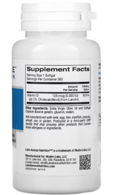 Lake Avenue Nutrition Vitamin D3 (Витамин D3) 125 мкг (5000 МЕ) 360 гелевых капсул