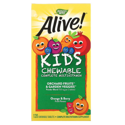 Nature's Way, Alive! Kid's Chewable Complete Multivitamin (жевательный комплекс мультивитаминов для детей) со вкусом апельсина и ягод 120 жевательных таблеток